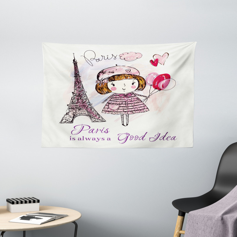 Hearts on Eiffel Tower Wide Tapestry