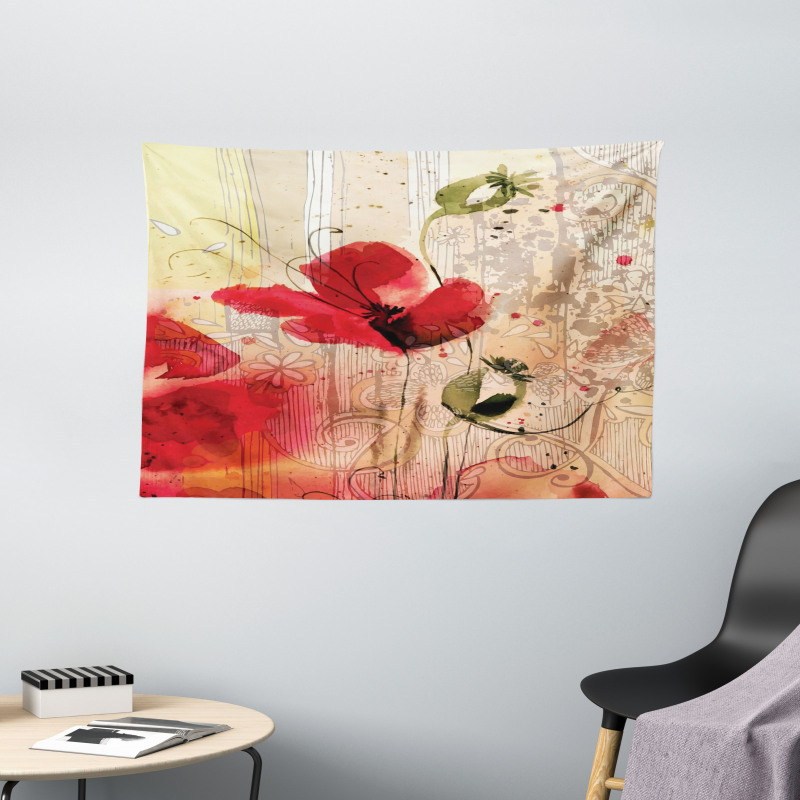 Retro Floral Design Wide Tapestry