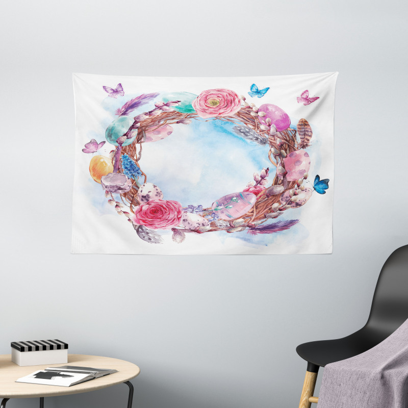 Floral Wreath Feathers Wide Tapestry