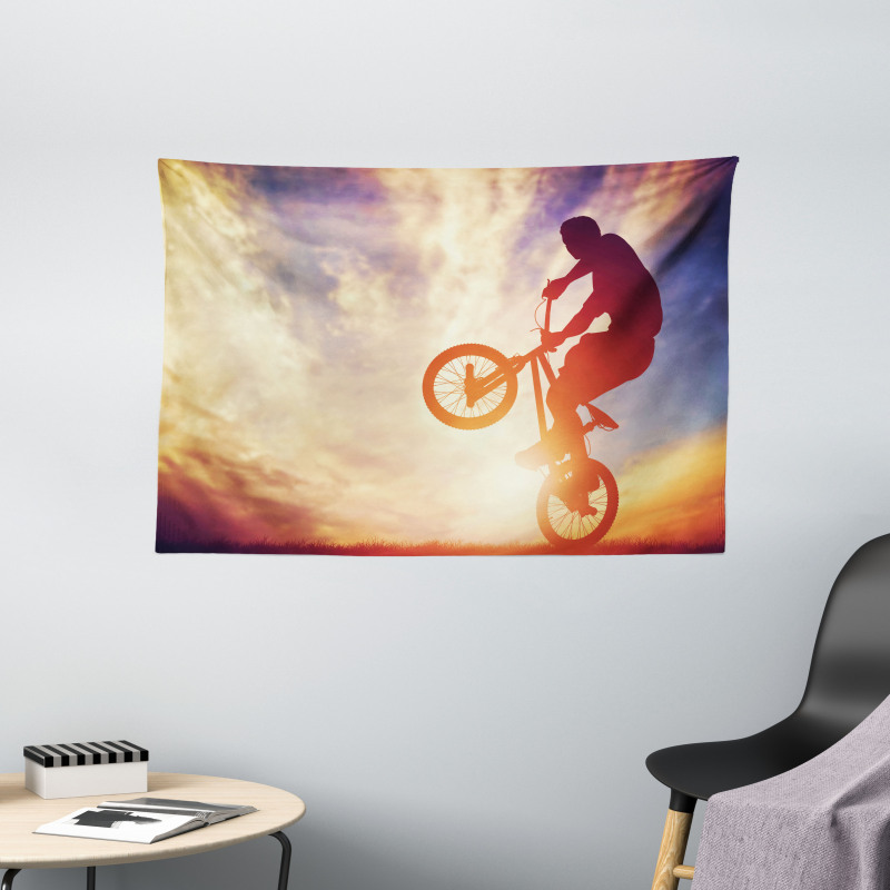 Man on Bike Hazy Sun Wide Tapestry