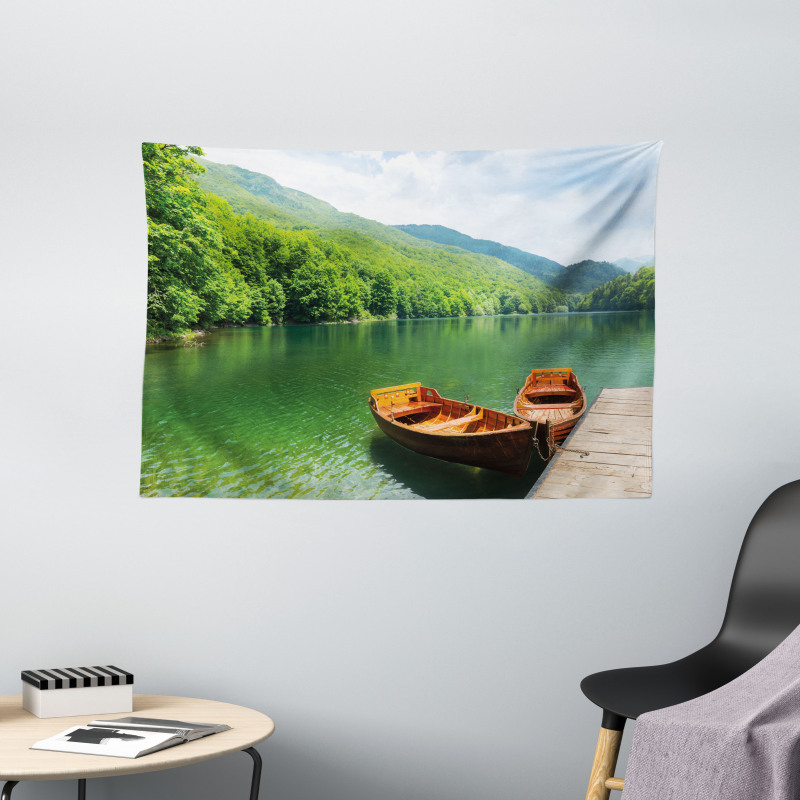 Boats Lake Forest Serene Wide Tapestry