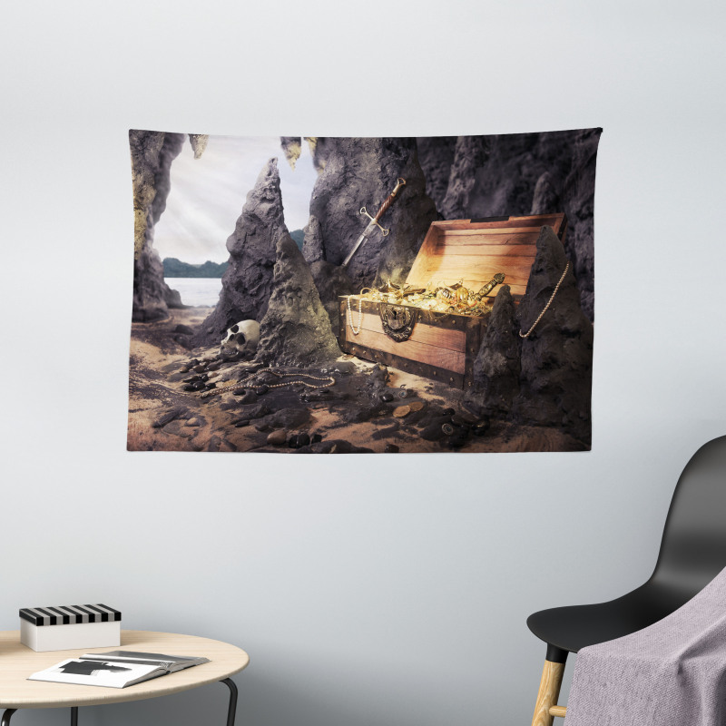 Treasure Chest in Cave Wide Tapestry