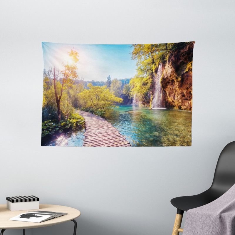 Idyllic Lake Waterfall Wide Tapestry