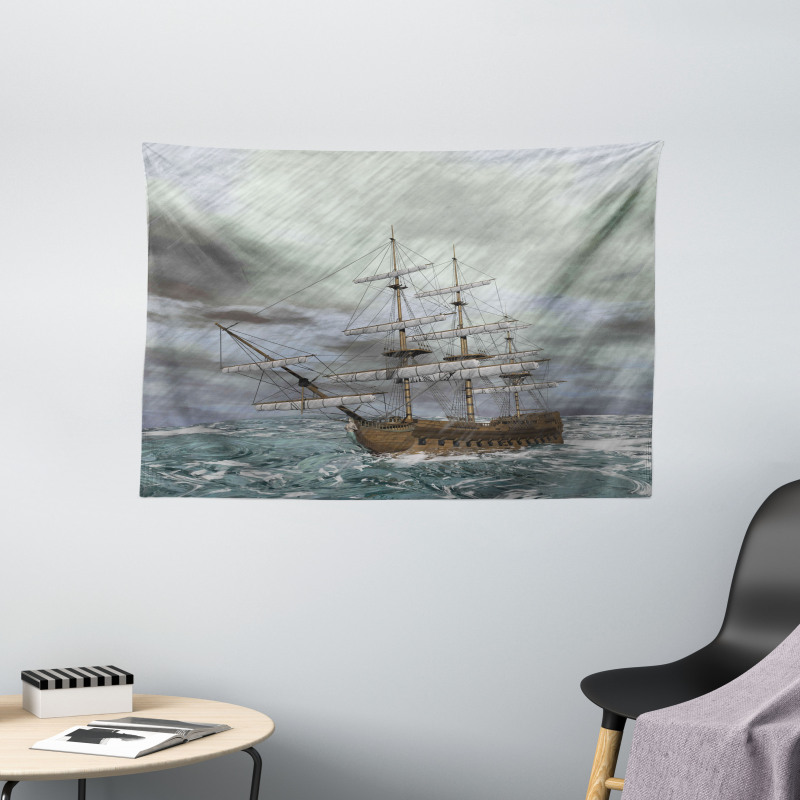 Ocean in Wave Rainy Storm Wide Tapestry