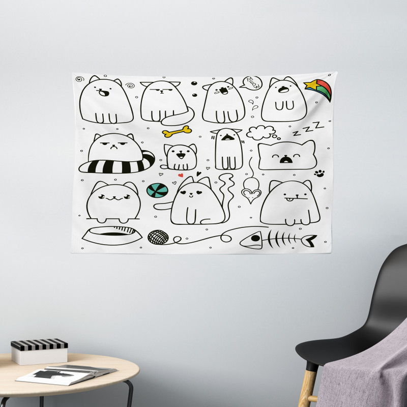 Sketchy Cats with Toys Wide Tapestry