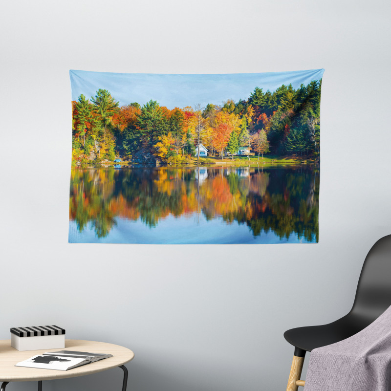 Lake House in Autumn Wide Tapestry