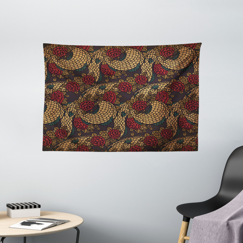 Traditional Roses Dragon Wide Tapestry