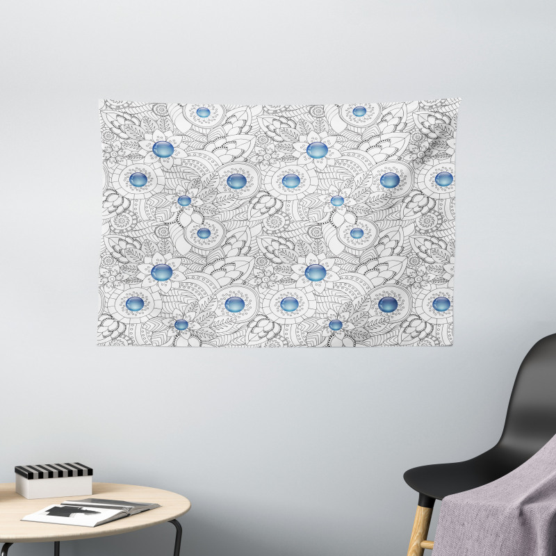 Flowers with Blue Dots Wide Tapestry