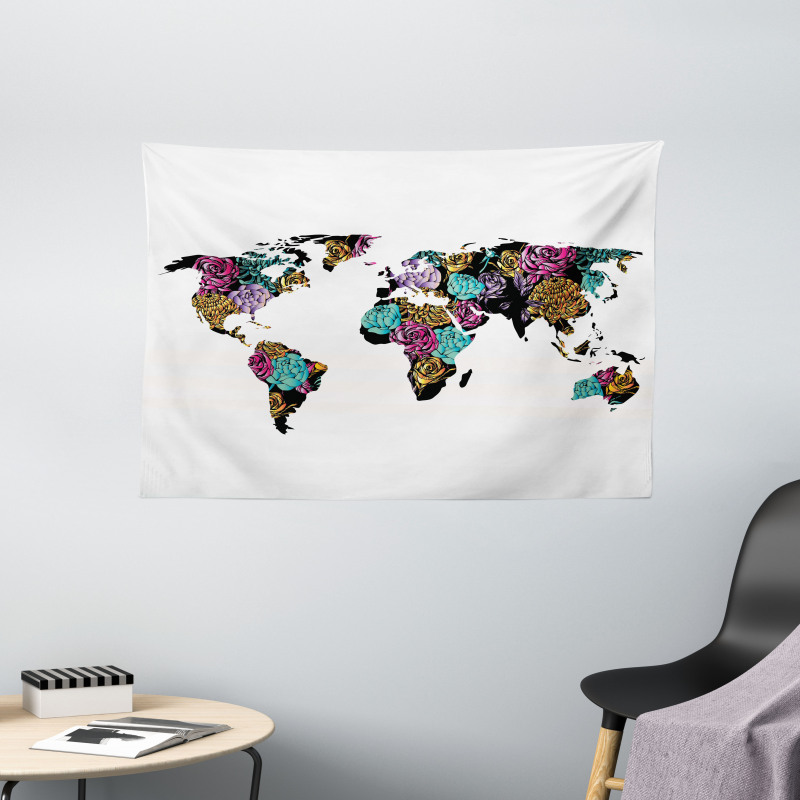 World Map Flowers Wide Tapestry