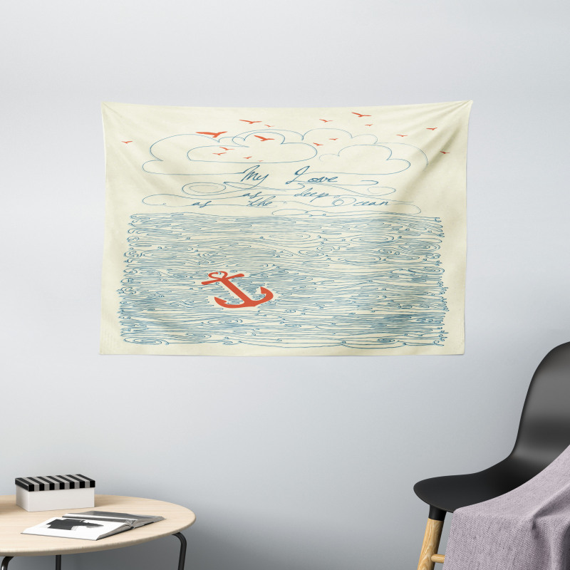 Birds and Waves Message Wide Tapestry