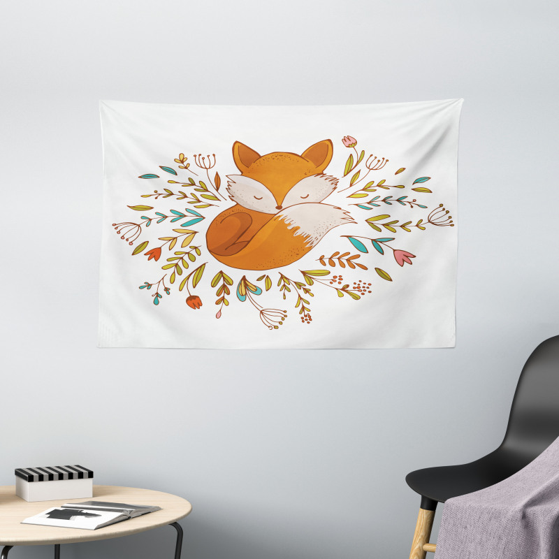 Baby Fox Flowers Wide Tapestry
