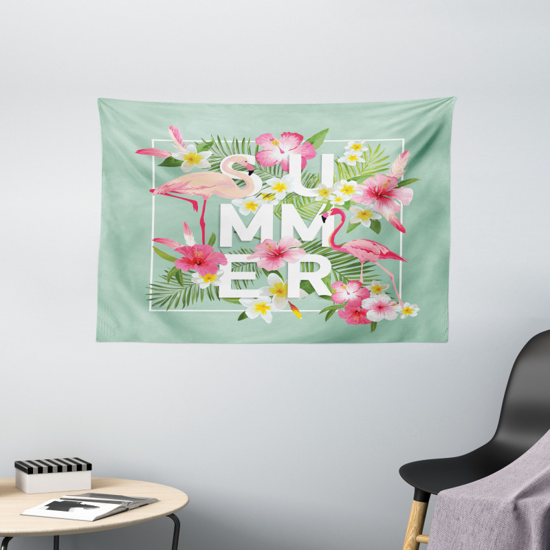 Tropical Retro Flowers Wide Tapestry