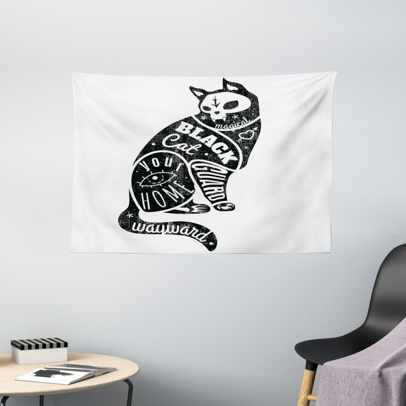 Magic Skull Cat Drawing Wide Tapestry