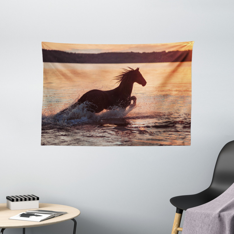 Horse Sea at Sunset Wide Tapestry