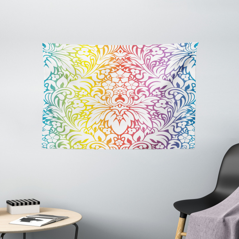 Colorful Damask Flowers Wide Tapestry