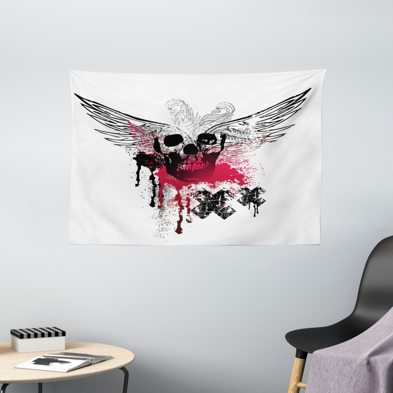 Grunge Wings and Skull Wide Tapestry