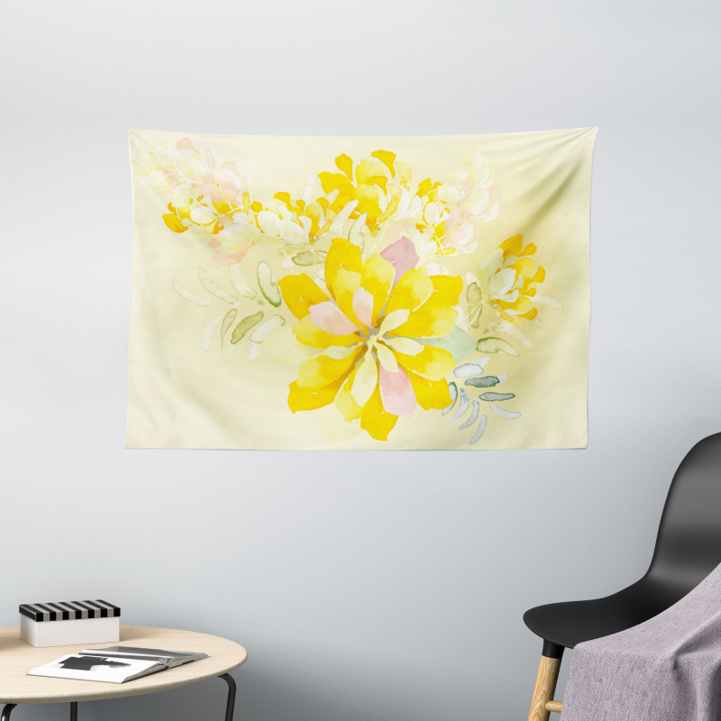 Romantic Yellow Flowers Wide Tapestry