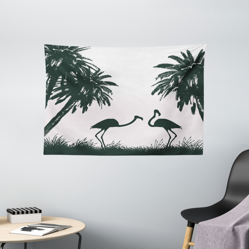 Flamingos and Palm Trees Wide Tapestry