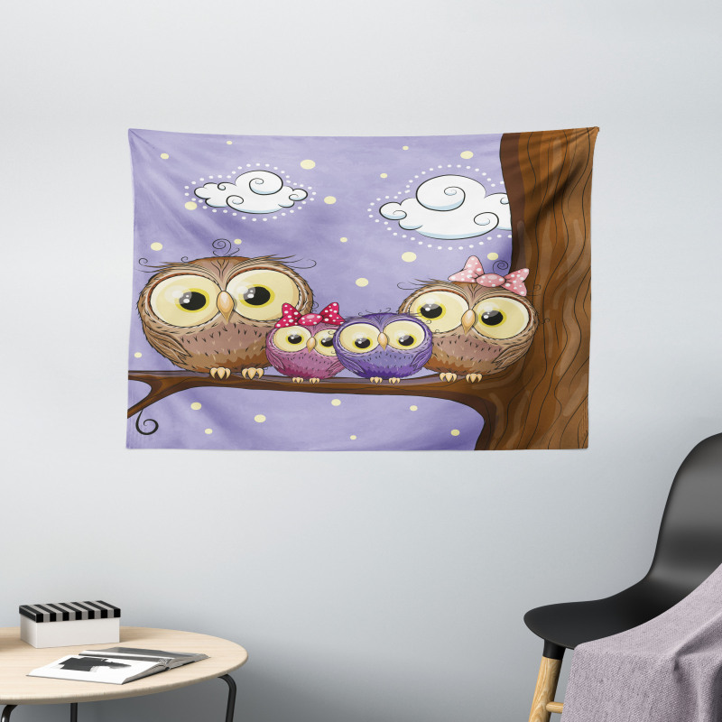 Cartoon Style Owl Family Wide Tapestry
