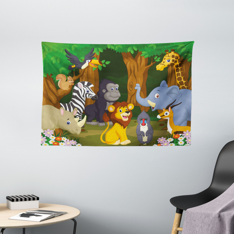 Cartoon Elephant Lion Wide Tapestry