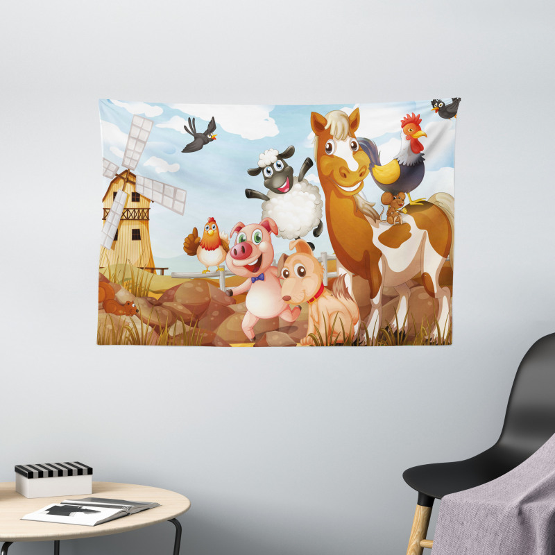 Animals in Farm Artwork Wide Tapestry