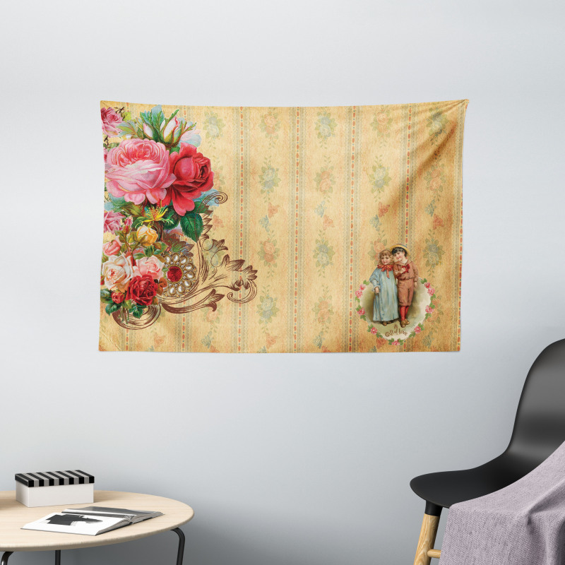Romantic Country Roses Wide Tapestry