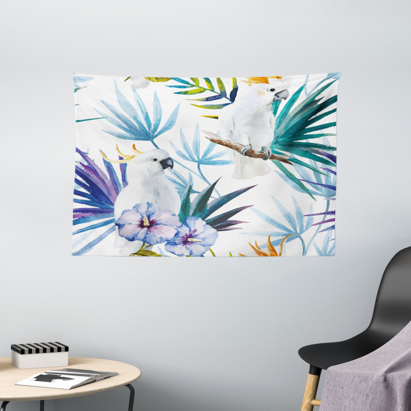 Watercolor Parrot Palm Wide Tapestry