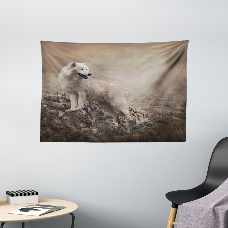 White Wolf on the Rocks Wide Tapestry