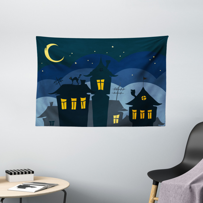 Cartoon Town with Cat Wide Tapestry