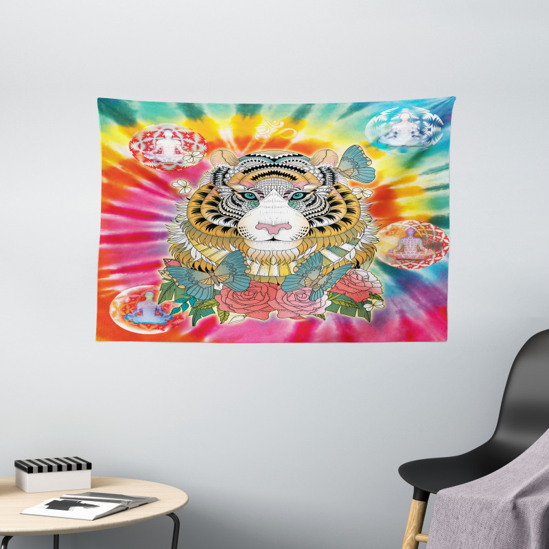 Tiger Head Ornate Theme Wide Tapestry