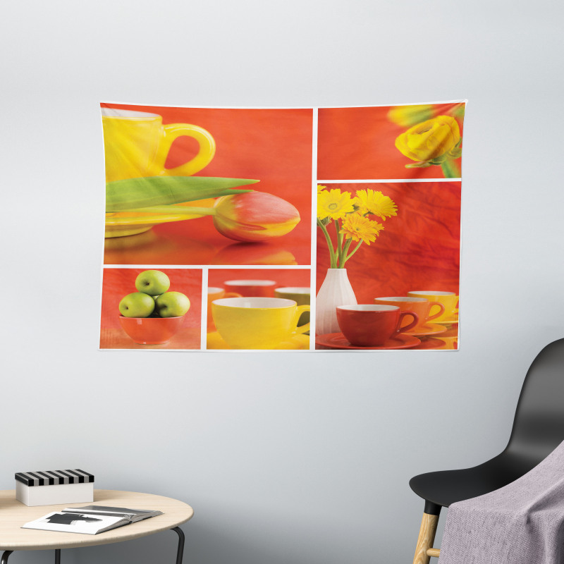 Coffee Cups Tulips Apples Wide Tapestry