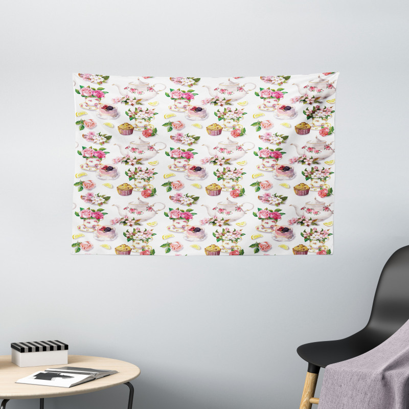 Colorful Retro Teapots Wide Tapestry