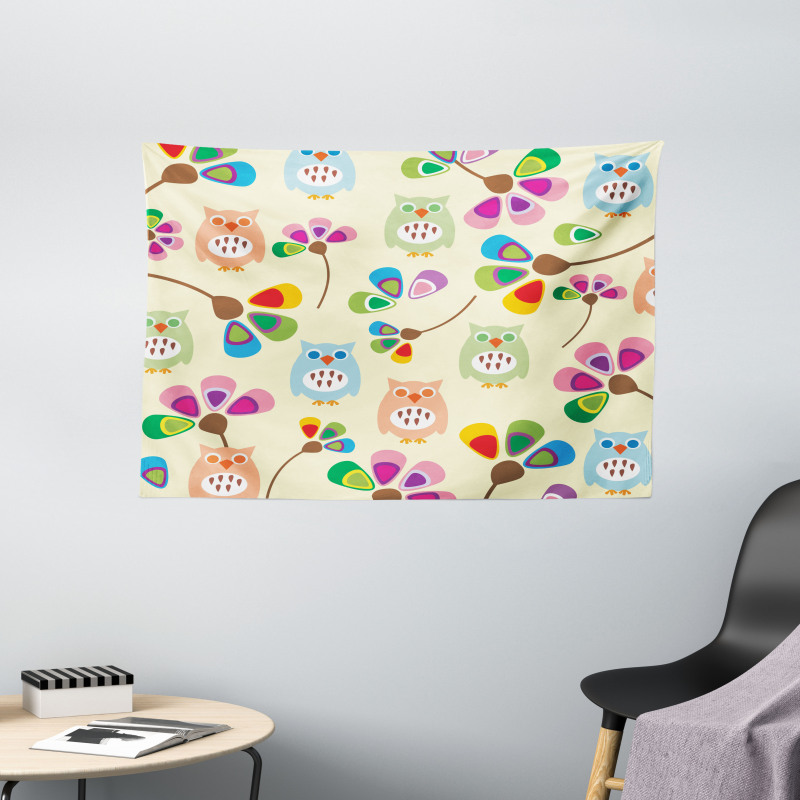 Owls Flowers Kids Room Wide Tapestry