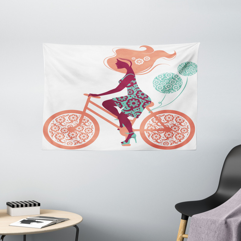 Coral Flowers Bikes Girl Wide Tapestry