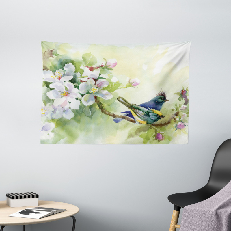 Watercolor Birds Spring Wide Tapestry