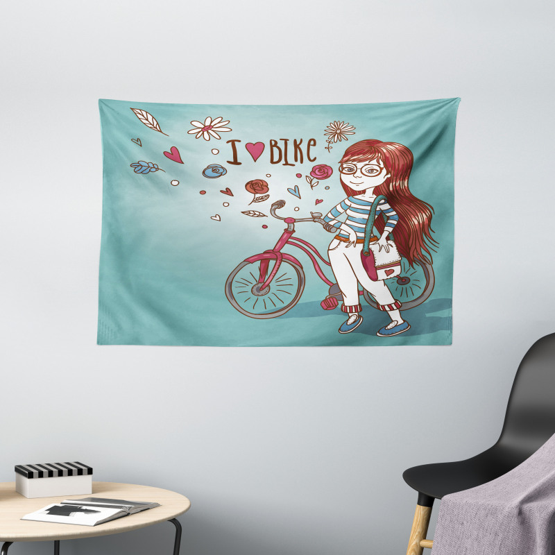 Girl with Bike Wide Tapestry