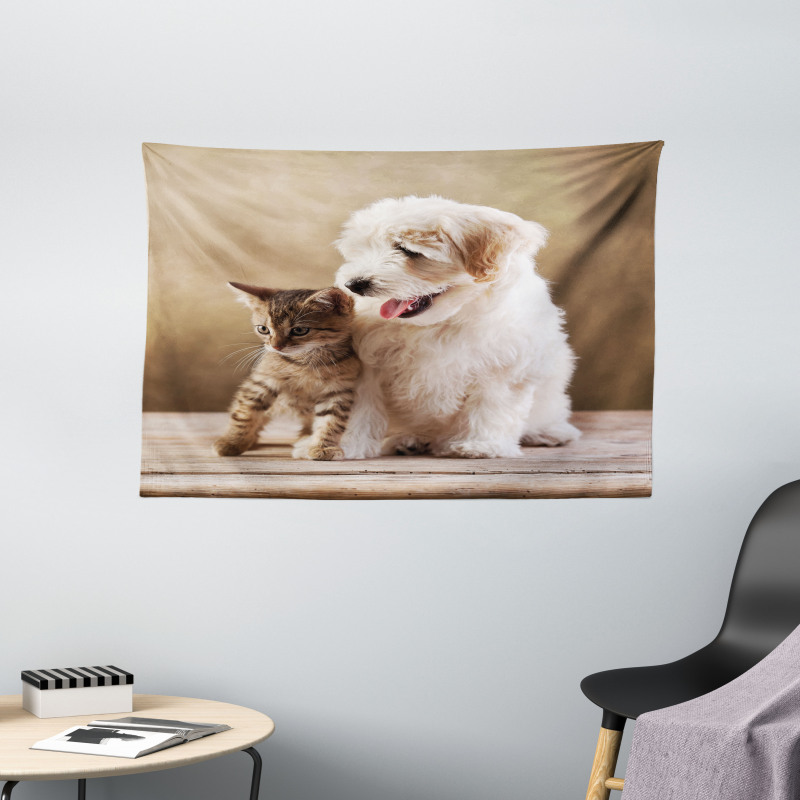 Kitten and Dog Friends Wide Tapestry