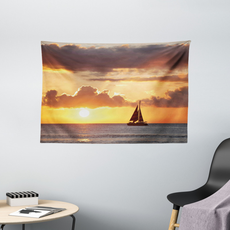 Boat in Sewith Sunset Wide Tapestry