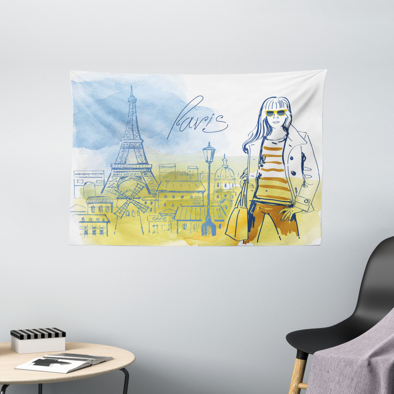 Girl at the Eiffel Tower Wide Tapestry