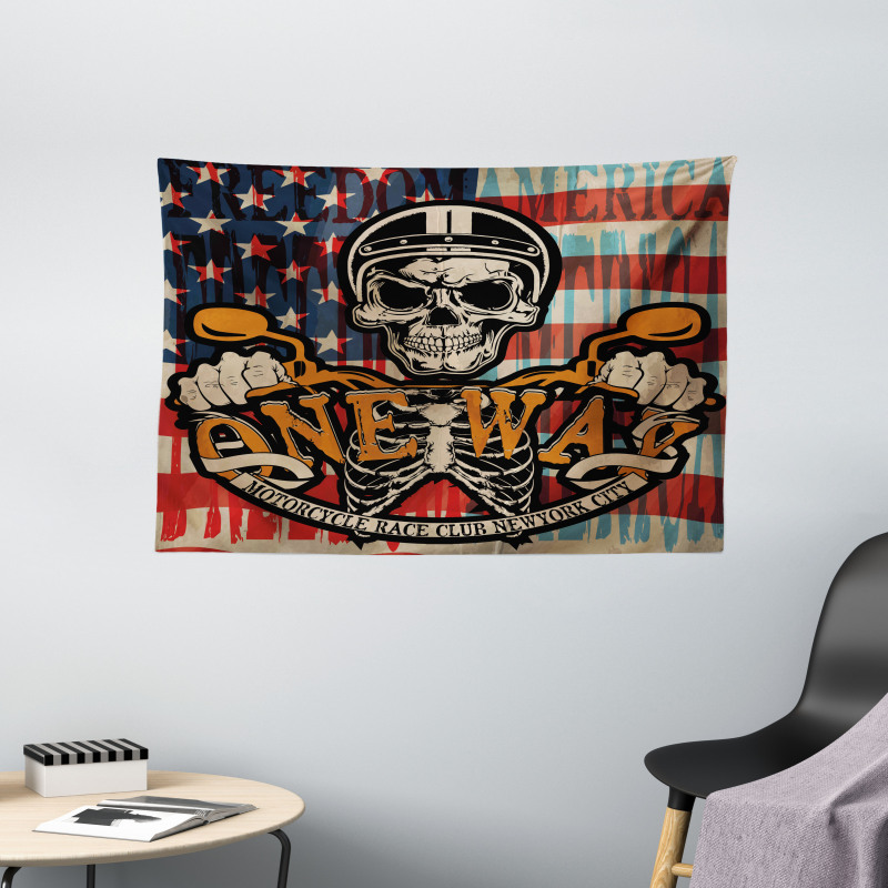 Biker Skull American Flag Wide Tapestry