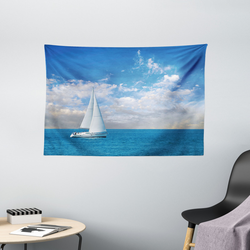 Modern Sail Boat on Sea Wide Tapestry