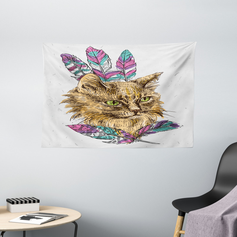 Cat with Colorful Feathers Wide Tapestry