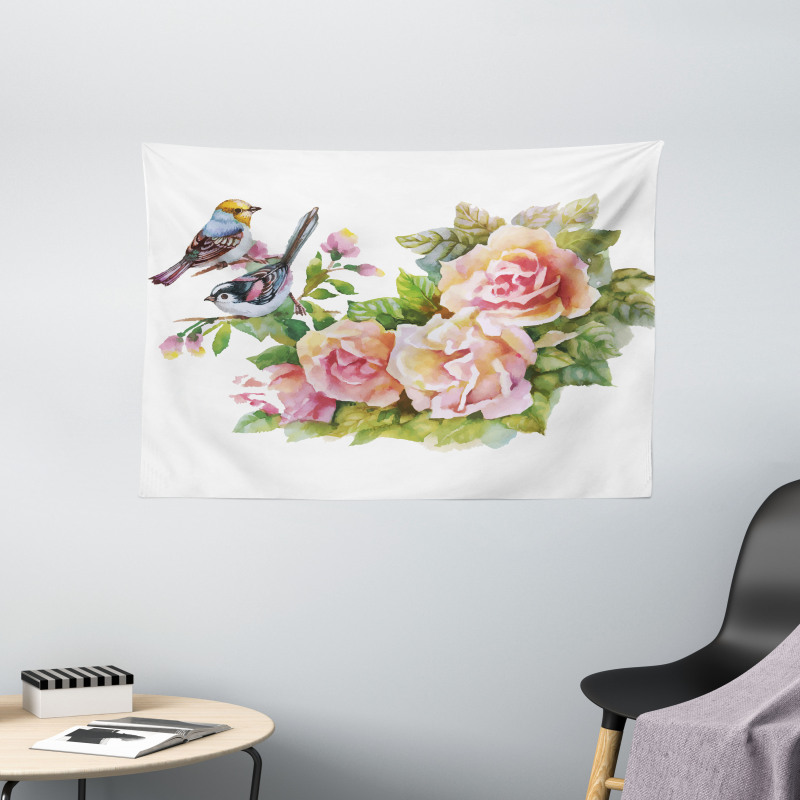 Wild Exotic Birds Roses Wide Tapestry