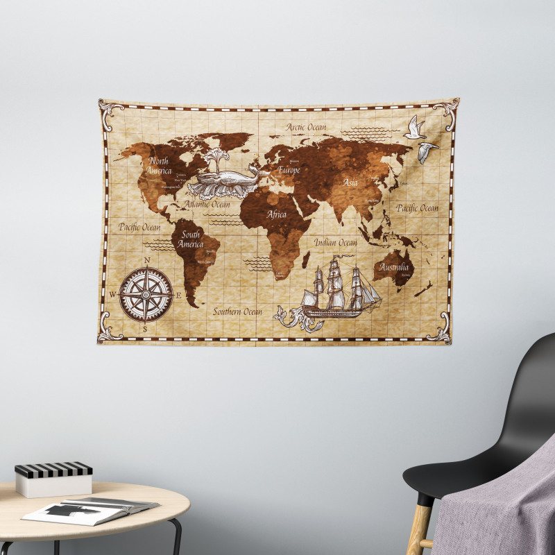 Retro Sketch World Map Wide Tapestry