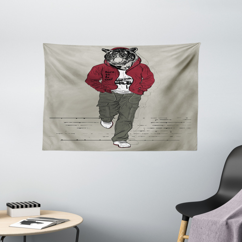 Lion Tiger Head Teenager Wide Tapestry