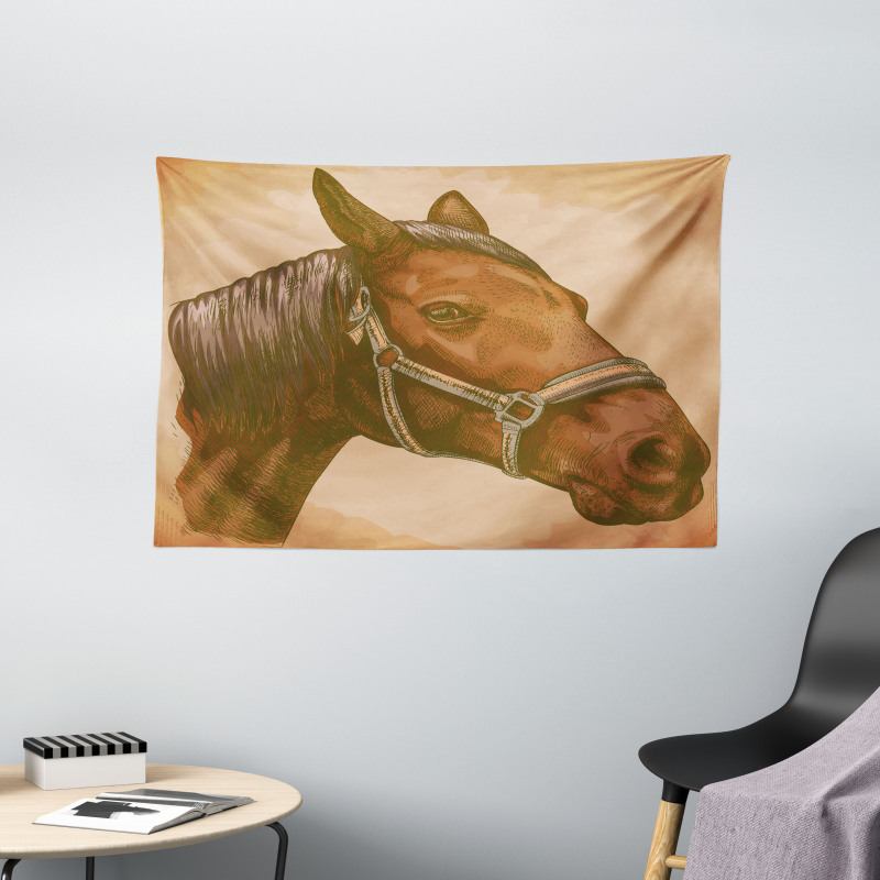 Engraving Horse Head Wide Tapestry