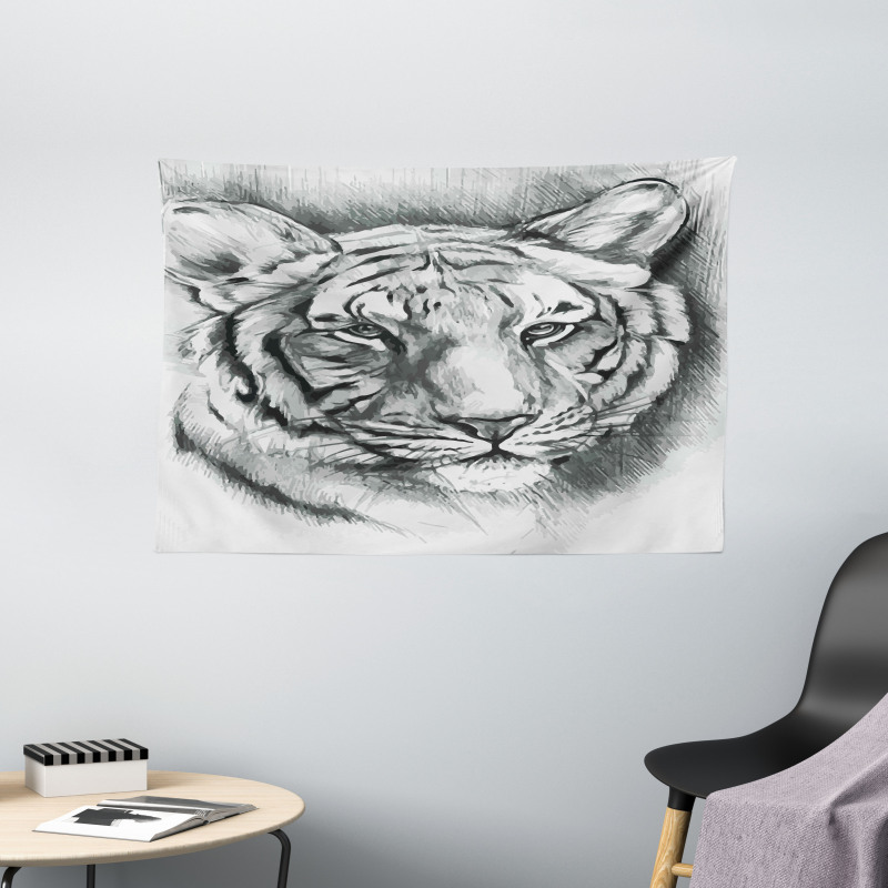 Grey Lion Head Wide Tapestry