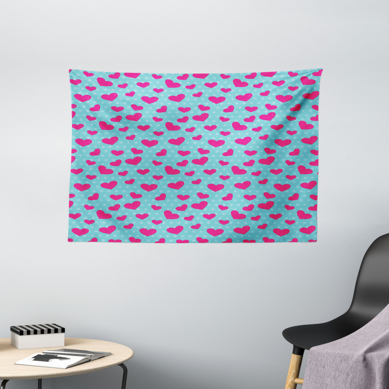 Pink Heart on Polka Dots Wide Tapestry
