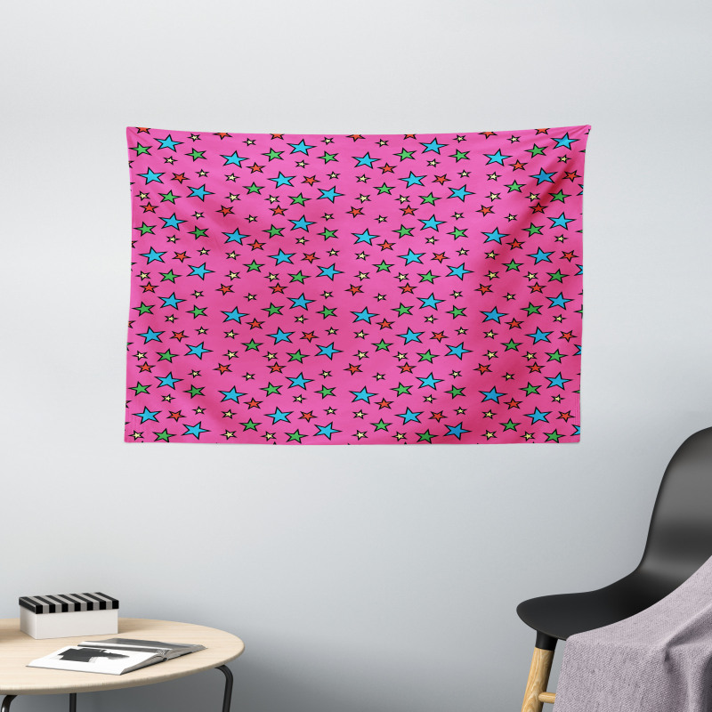 Hot Pink Retro Stars Wide Tapestry