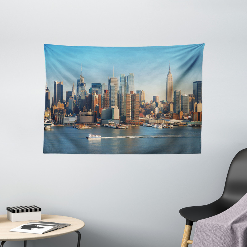 NYC Skyline River Scenery Wide Tapestry